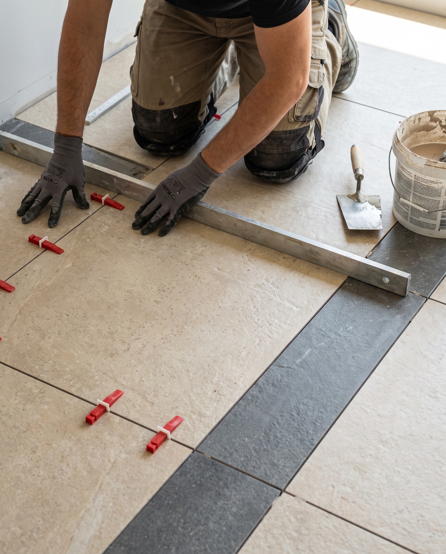 Professional placing a large-format porcelain tile with precise spacing
