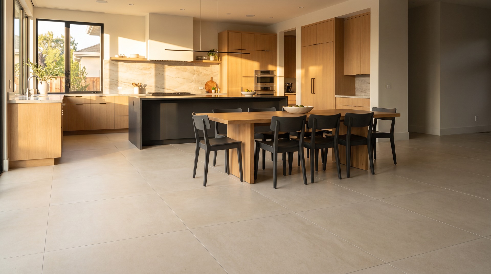 Large-format tile floor in a contemporary interior