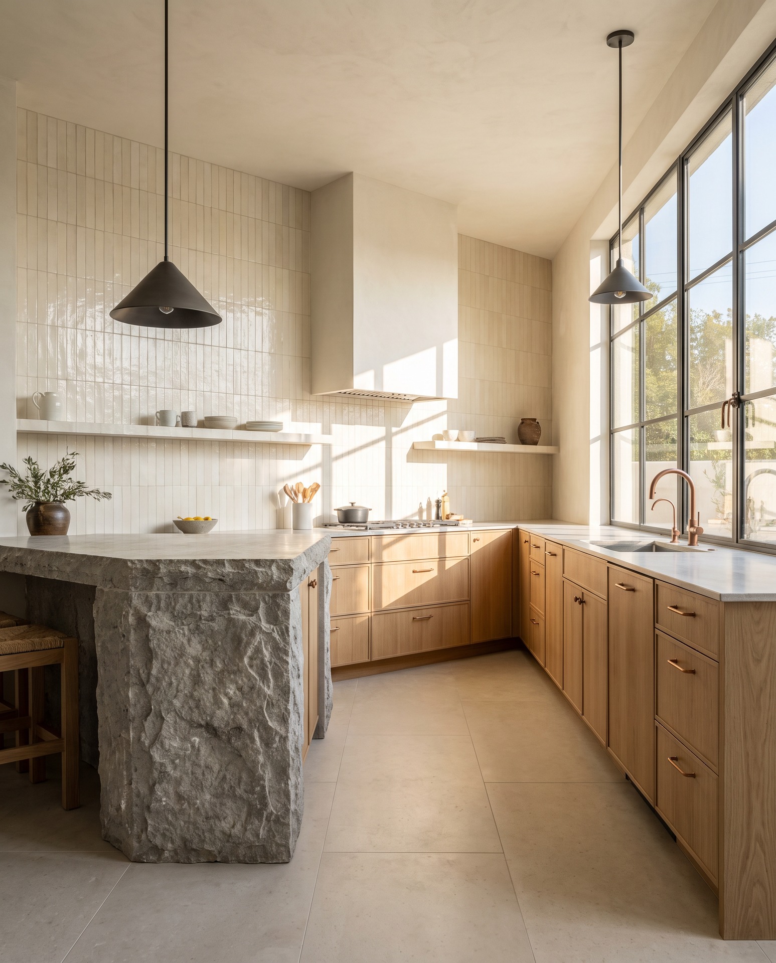 Modern kitchen with precisely installed ceramic tile backsplash and tiled floor